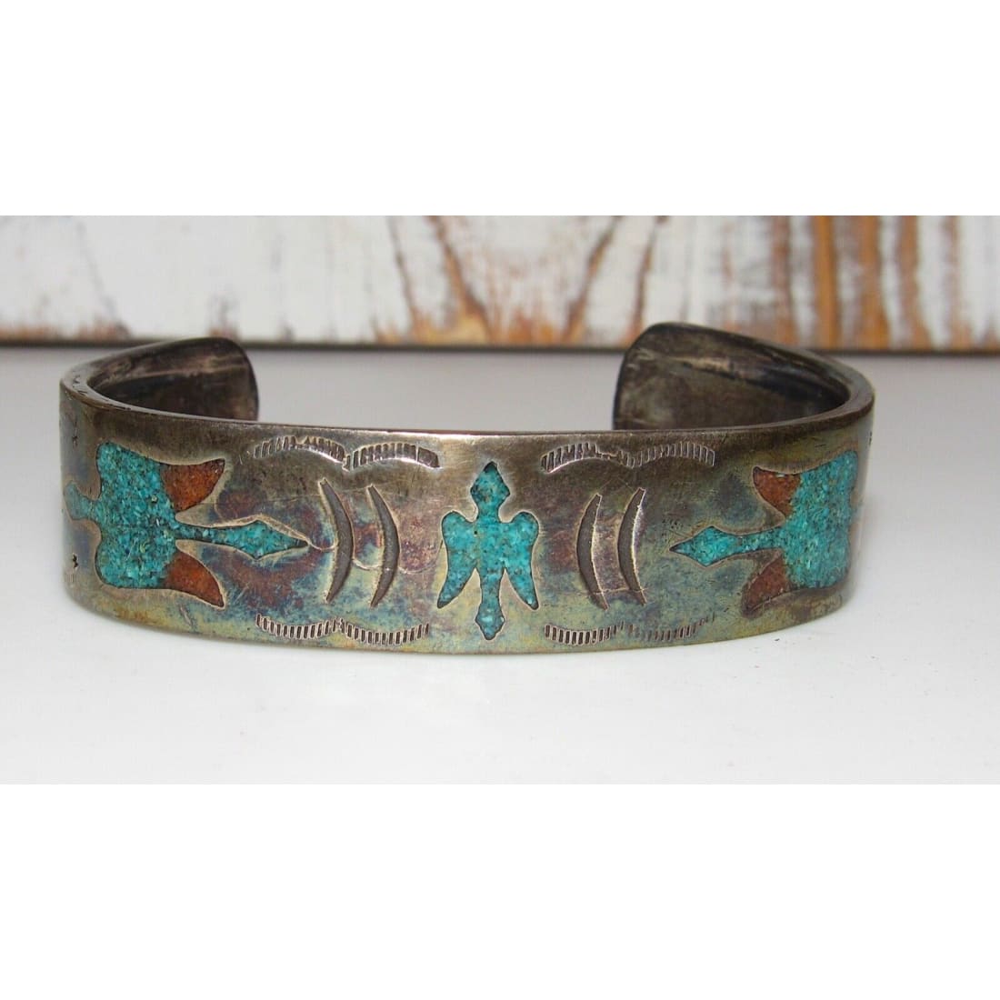 Old Pawn Navajo Peyote Bird Cuff Bracelet Turquoise Coral 