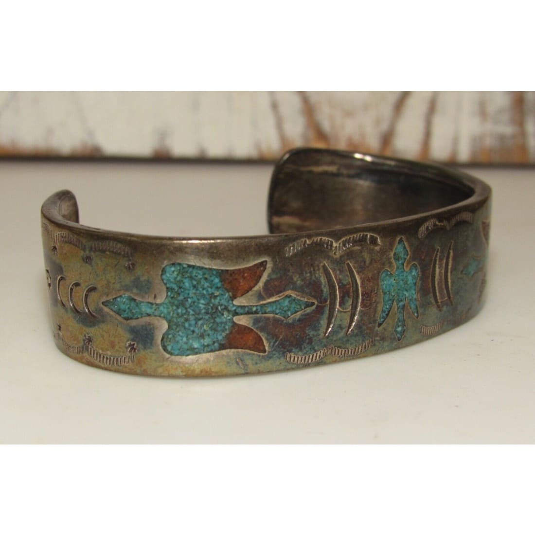 Old Pawn Navajo Peyote Bird Cuff Bracelet Turquoise Coral 