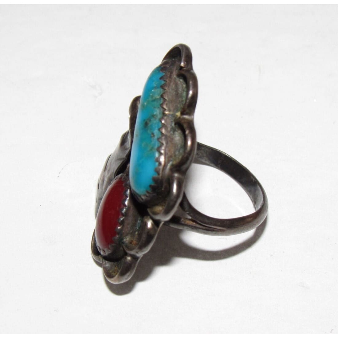 Old Pawn Navajo Sterling Turquoise Coral Statement Ring Size