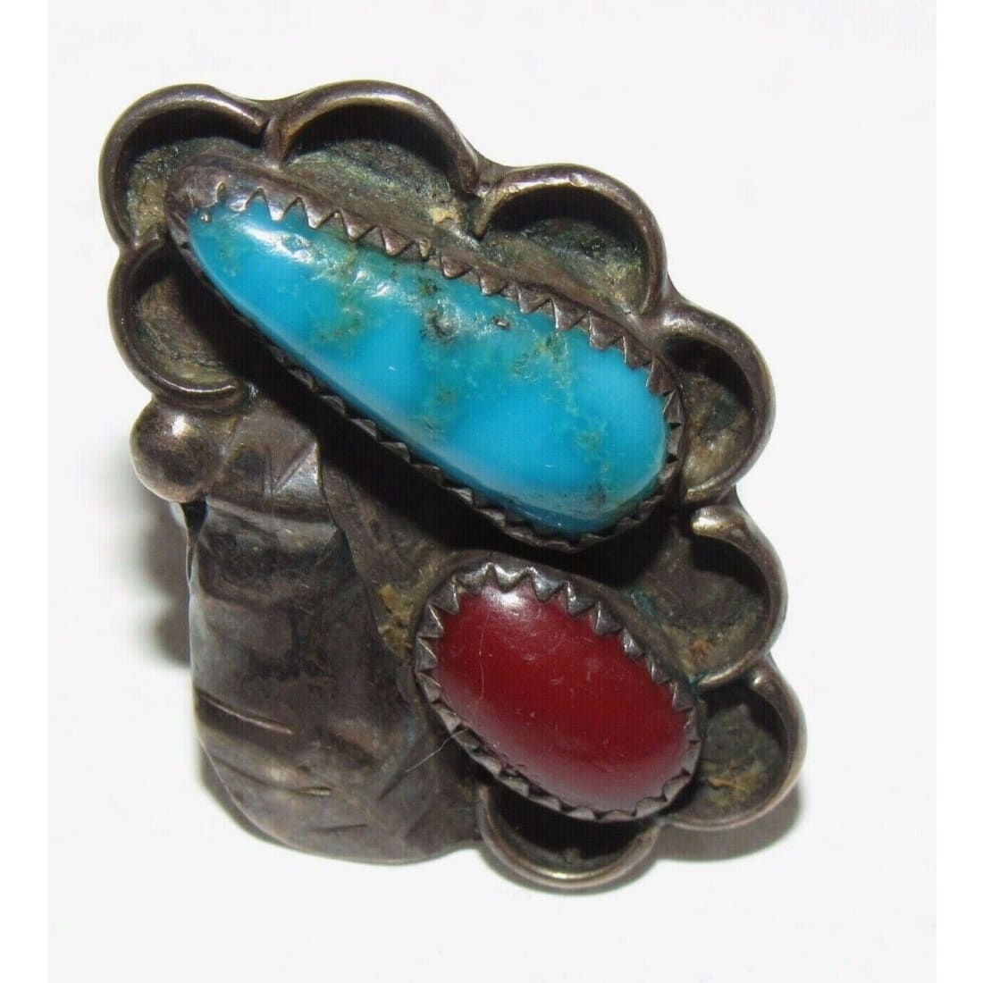 Old Pawn Navajo Sterling Turquoise Coral Statement Ring Size