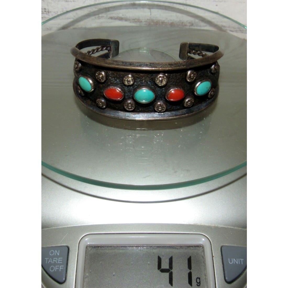 Old Pawn Navajo Turquoise Coral Cuff Bracelet 41G Signed 