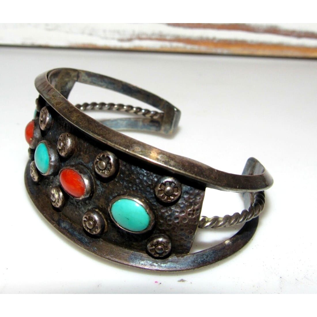 Old Pawn Navajo Turquoise Coral Cuff Bracelet 41G Signed 