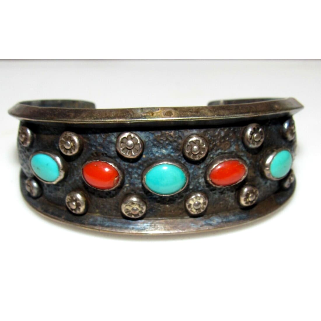 Old Pawn Navajo Turquoise Coral Cuff Bracelet 41G Signed 