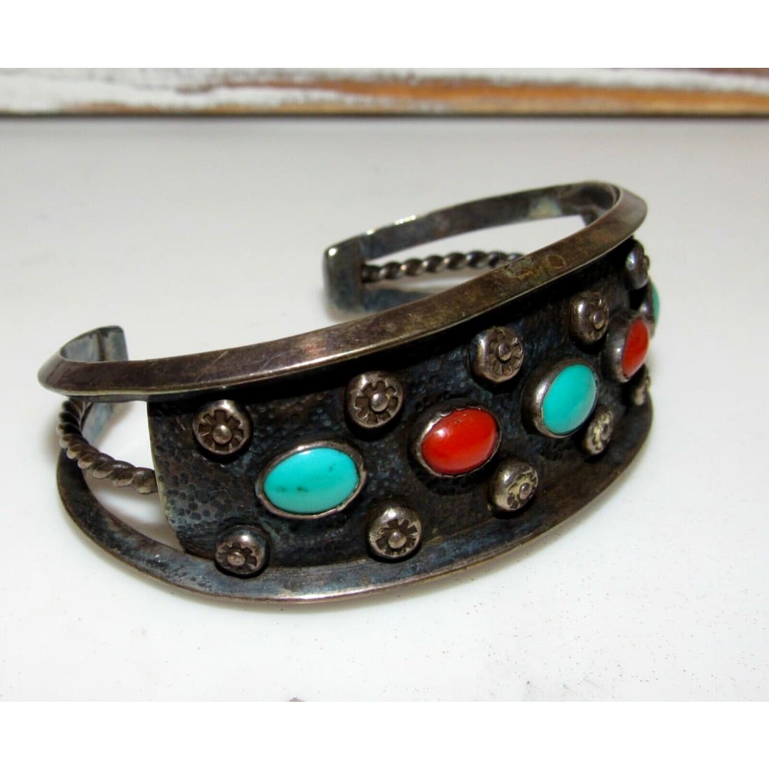 Old Pawn Navajo Turquoise Coral Cuff Bracelet 41G Signed 
