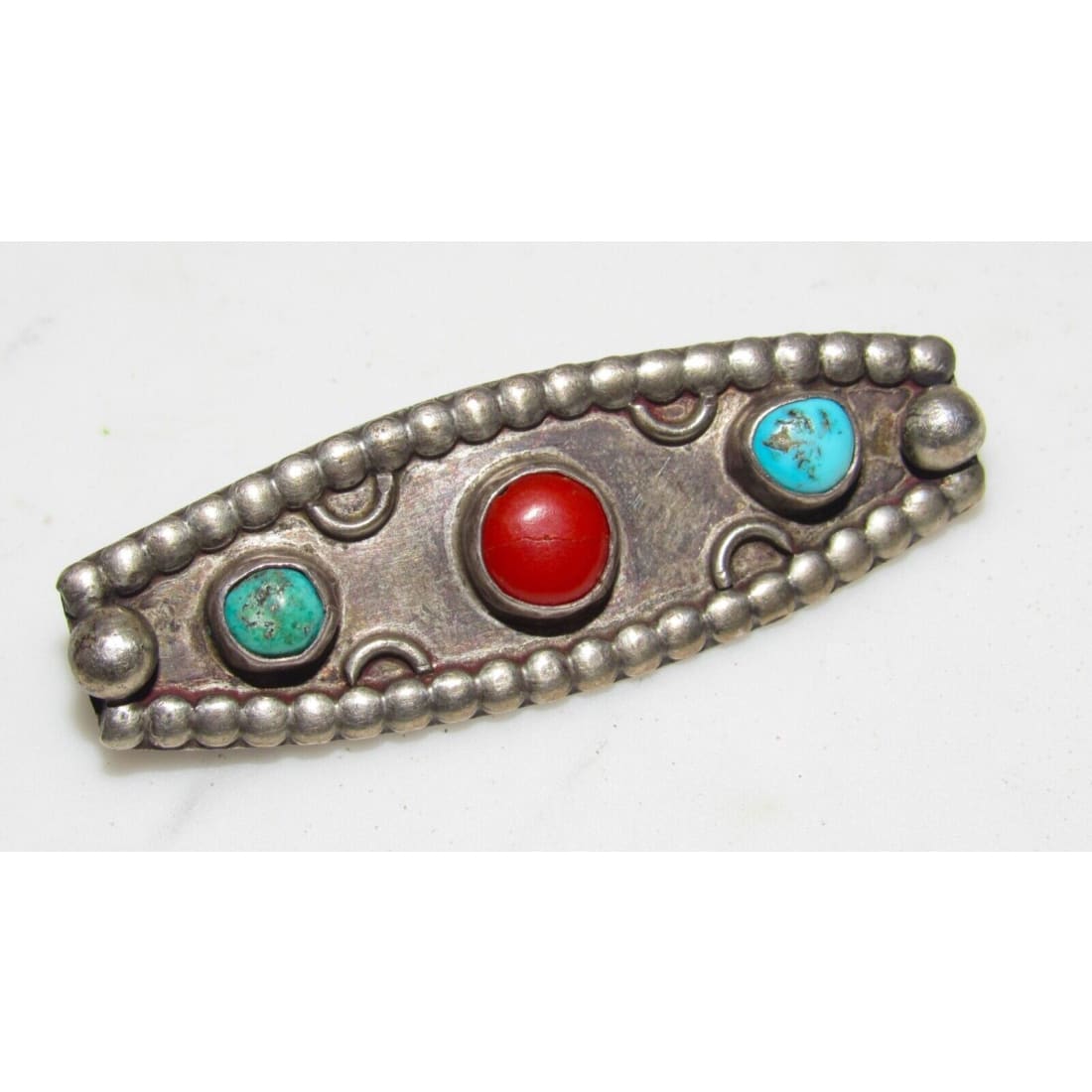 Old Pawn Navajo Turquoise Coral Sterling Silver Brooch - 