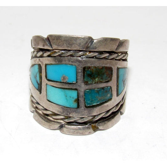 Old Pawn Navajo Turquoise Inlay Ring Size 9 Sterling Silver 