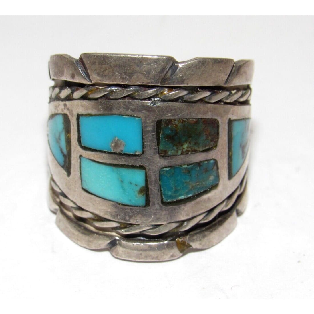 Old Pawn Navajo Turquoise Inlay Ring Size 9 Sterling Silver 