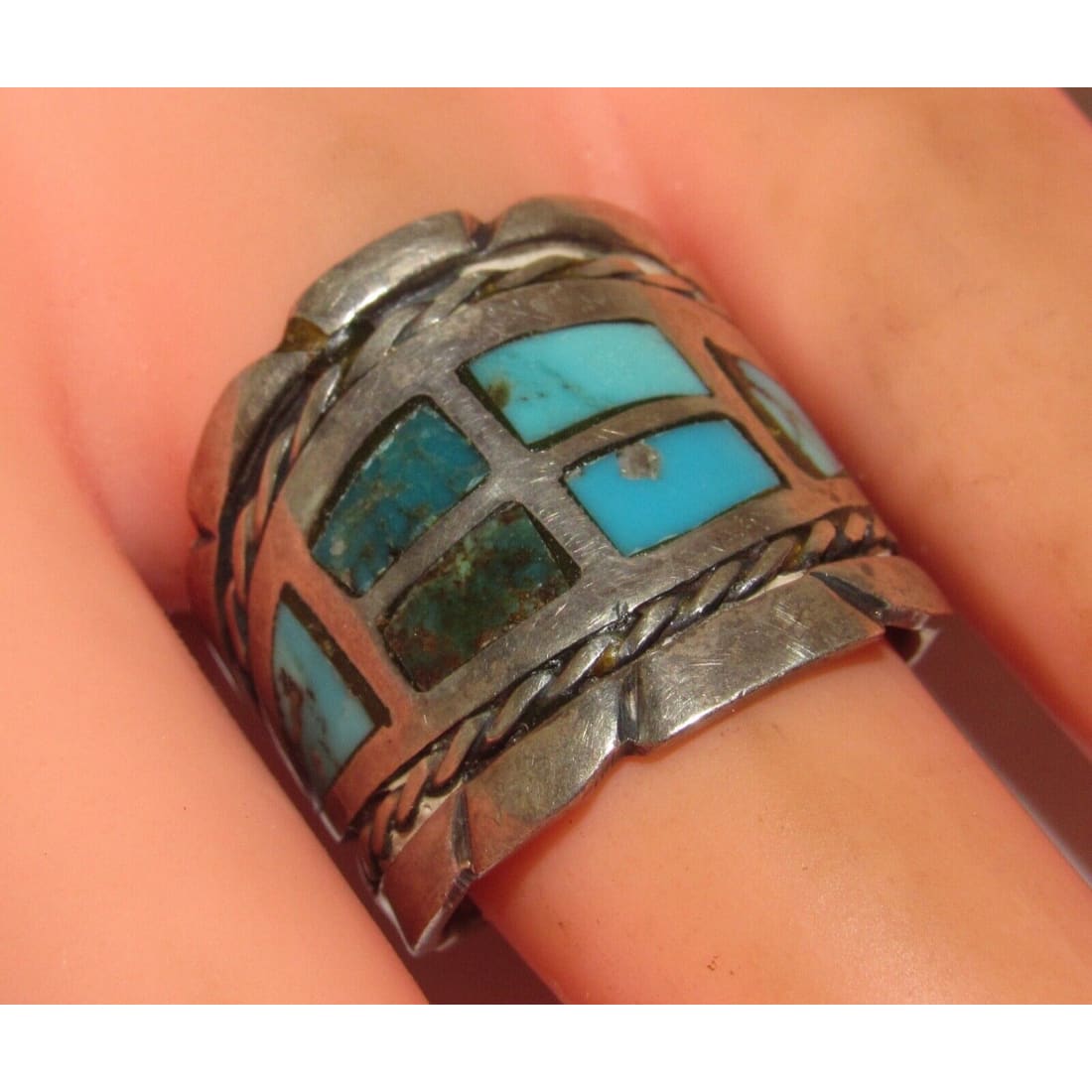 Old Pawn Navajo Turquoise Inlay Ring Size 9 Sterling Silver 