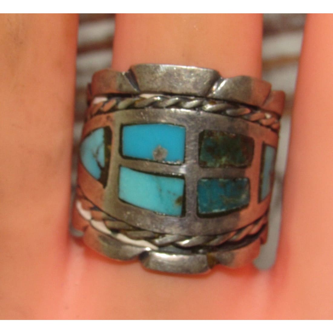 Old Pawn Navajo Turquoise Inlay Ring Size 9 Sterling Silver 