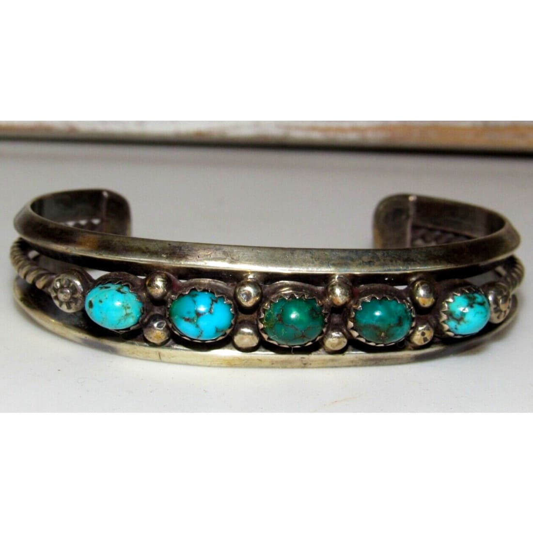 Old Pawn Navajo Turquoise Stacker Cuff Bracelet Sterling 