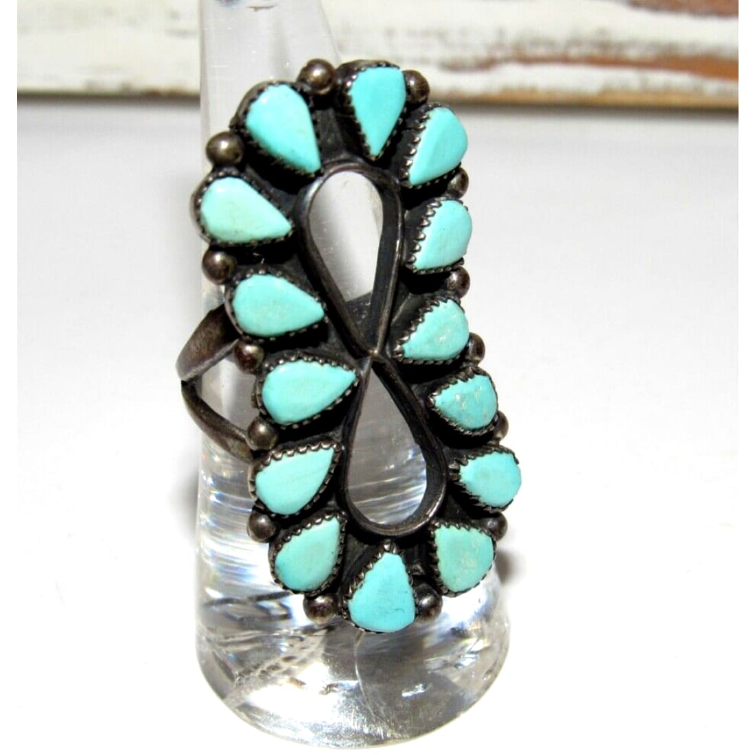 Old Pawn Navajo Turquoise Statement Ring Size 7.5 Sterling 