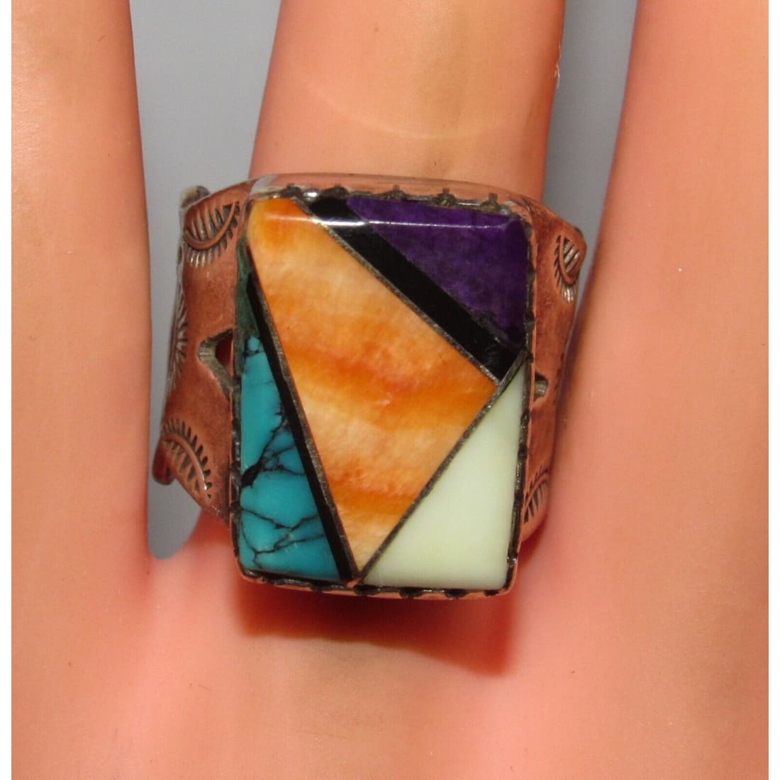 Old Pawn Navajo Turquoise Sugilite Spiny Inlay Ring Size 7.5