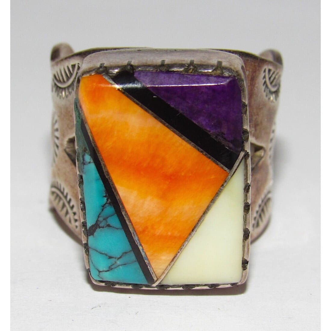 Old Pawn Navajo Turquoise Sugilite Spiny Inlay Ring Size 7.5