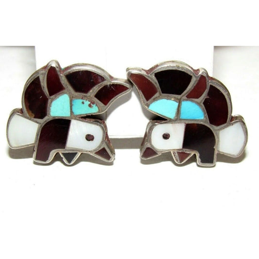 Old Pawn Zuni Bald Eagle Inlay Clip Earrings Sterling Silver Turquoise MOP Jet Native American