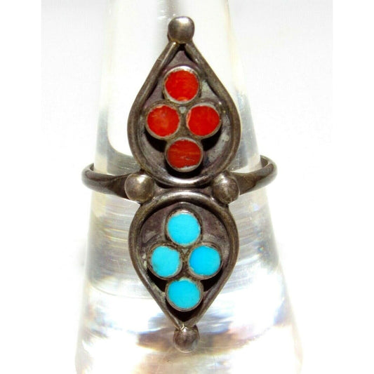 Old Pawn Zuni Dishta Family Ring Sz 8 Turquoise Coral Sterling Silver Vintage Native American