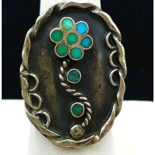 Old Pawn Zuni Dishta Style Ring Size 7.5 Snake Eye Turquoise