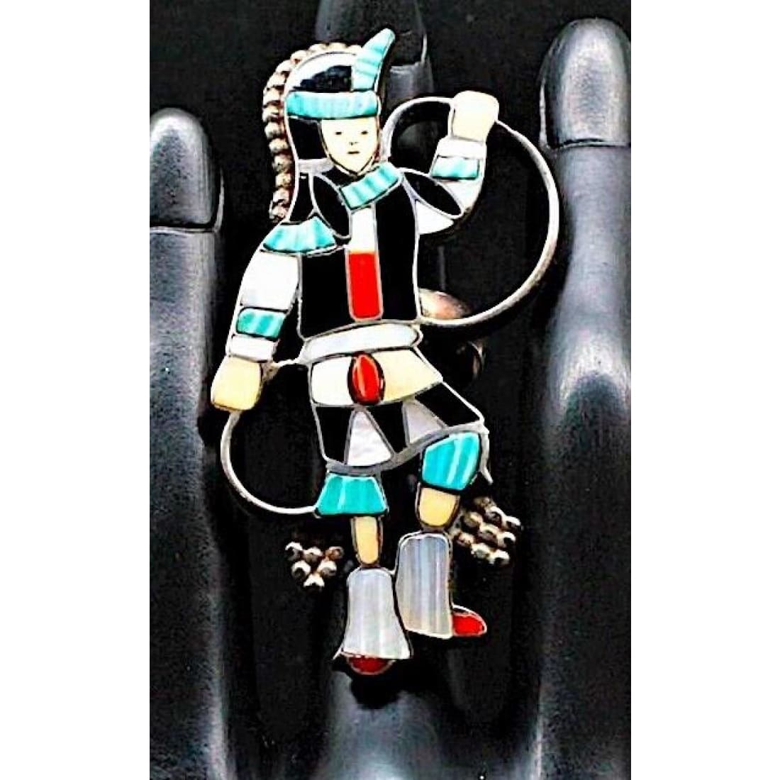 Old Pawn Zuni Inlay Hoop Dancer Ring Size 7 Sterling Silver 