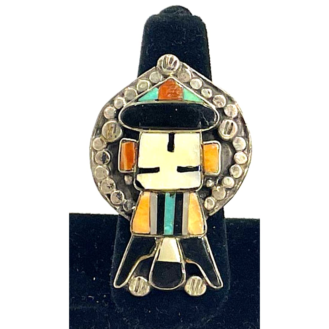 Old Pawn Zuni Inlay Kachina Ring Size 7.5 Sterling Silver