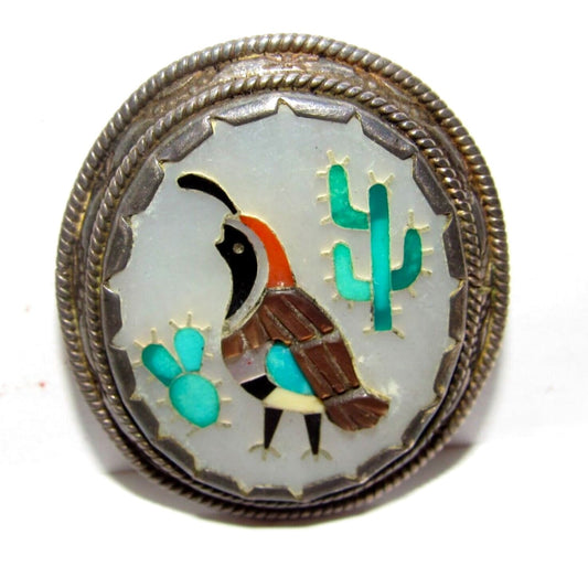 Old Pawn Zuni Inlay Quail Cactus Pin Brooch Pendant Sterling