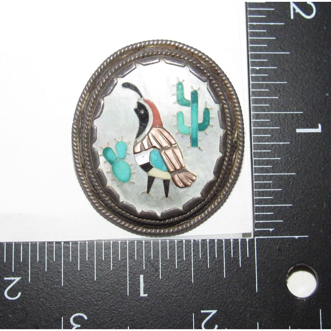 Old Pawn Zuni Inlay Quail Cactus Pin Brooch Pendant Sterling