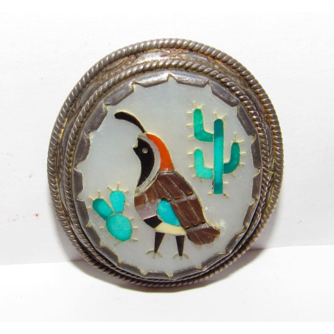 Old Pawn Zuni Inlay Quail Cactus Pin Brooch Pendant Sterling