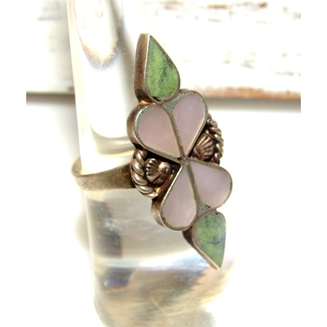 Old Pawn Zuni Inlay Ring Size 6.5 Turquoise Mother of Pearl Sterling Silver Native American