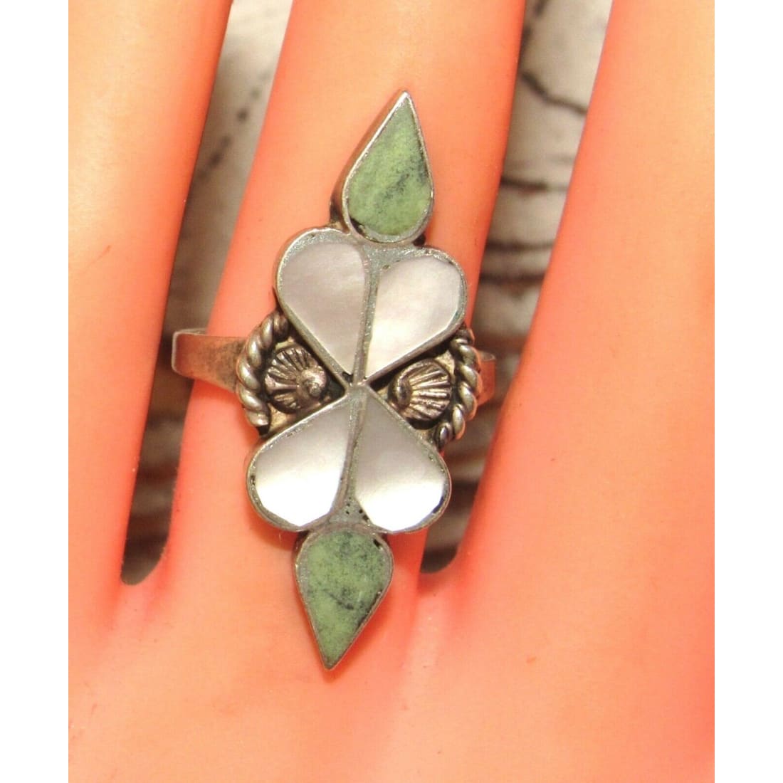 Old Pawn Zuni Inlay Ring Size 6.5 Turquoise Mother of Pearl Sterling Silver Native American