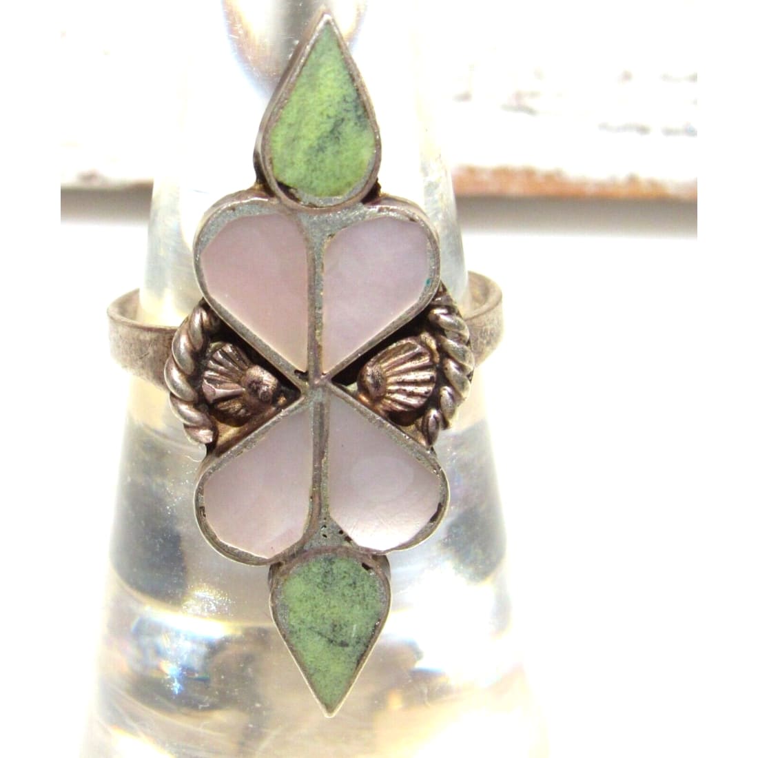 Old Pawn Zuni Inlay Ring Size 6.5 Turquoise Mother of Pearl Sterling Silver Native American