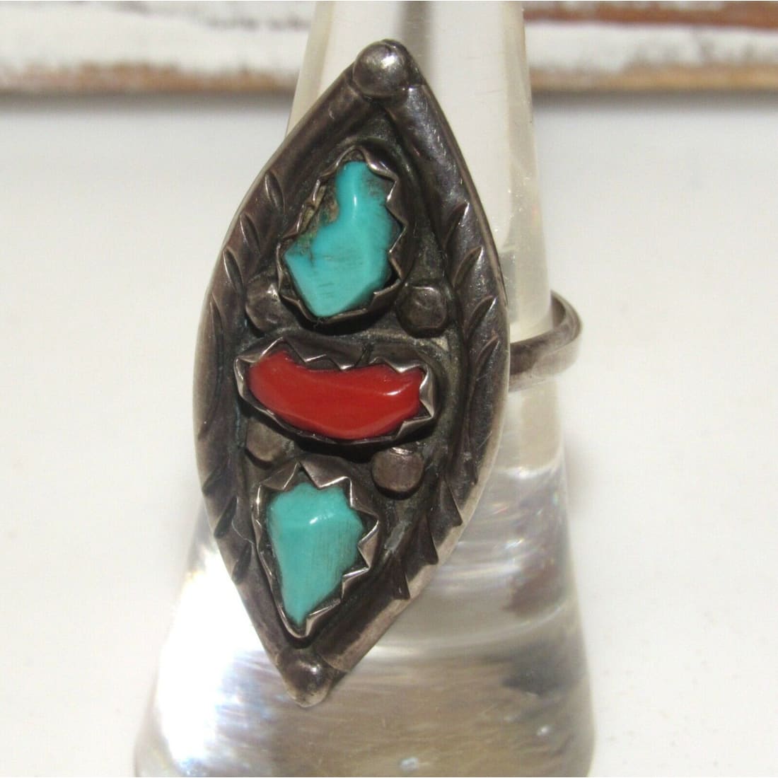 Old Pawn Zuni Ring Sz 6.5 Marvelyn Cheama Turquoise Coral Sterling Silver Native American