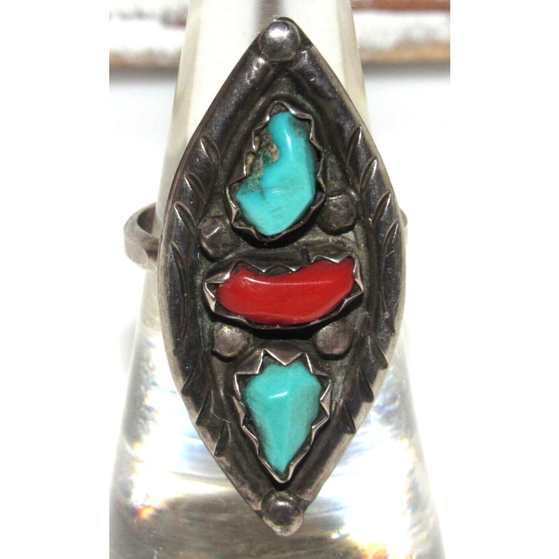 Old Pawn Zuni Ring Sz 6.5 Marvelyn Cheama Turquoise Coral Sterling Silver Native American