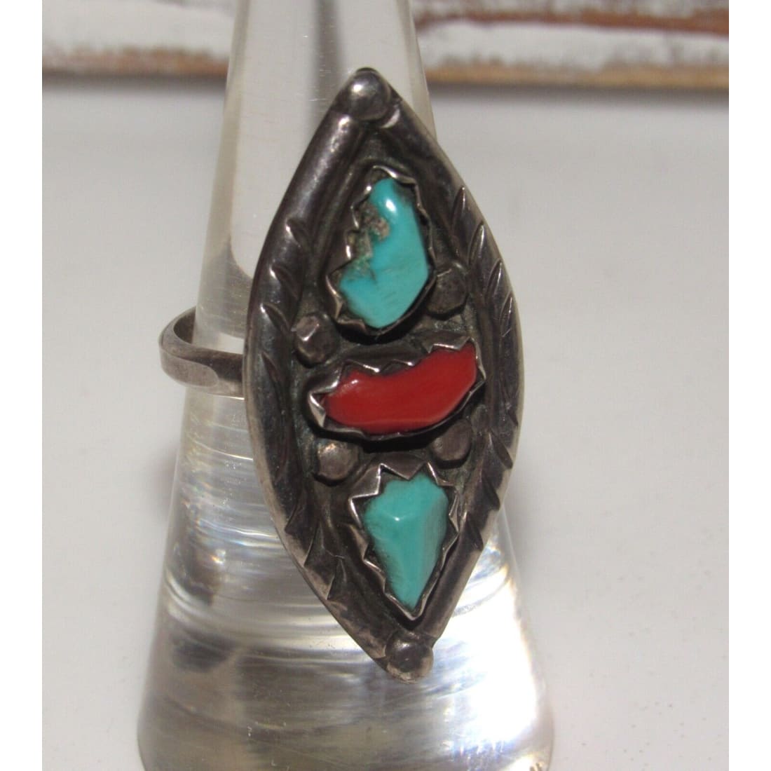 Old Pawn Zuni Ring Sz 6.5 Marvelyn Cheama Turquoise Coral Sterling Silver Native American