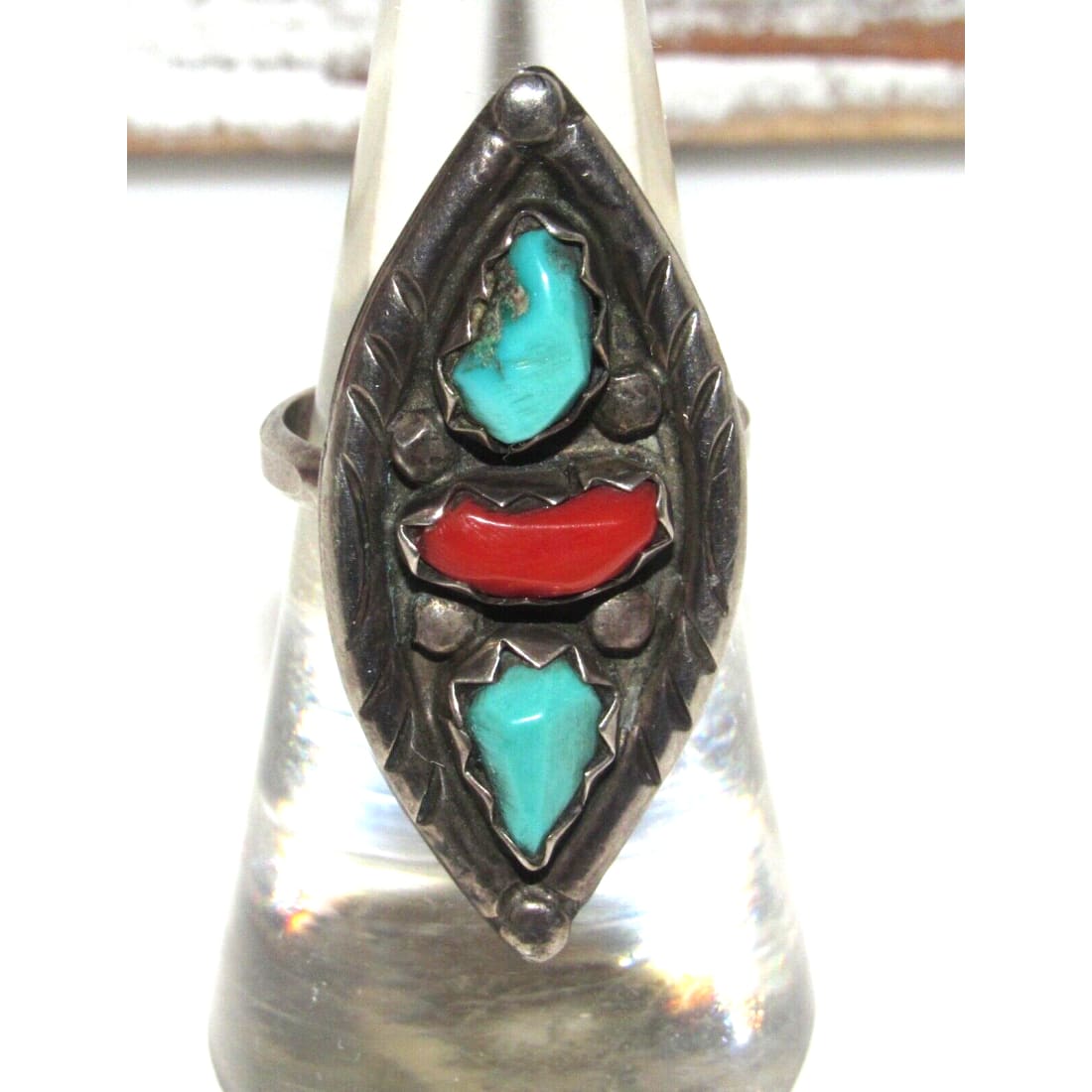 Old Pawn Zuni Ring Sz 6.5 Marvelyn Cheama Turquoise Coral Sterling Silver Native American