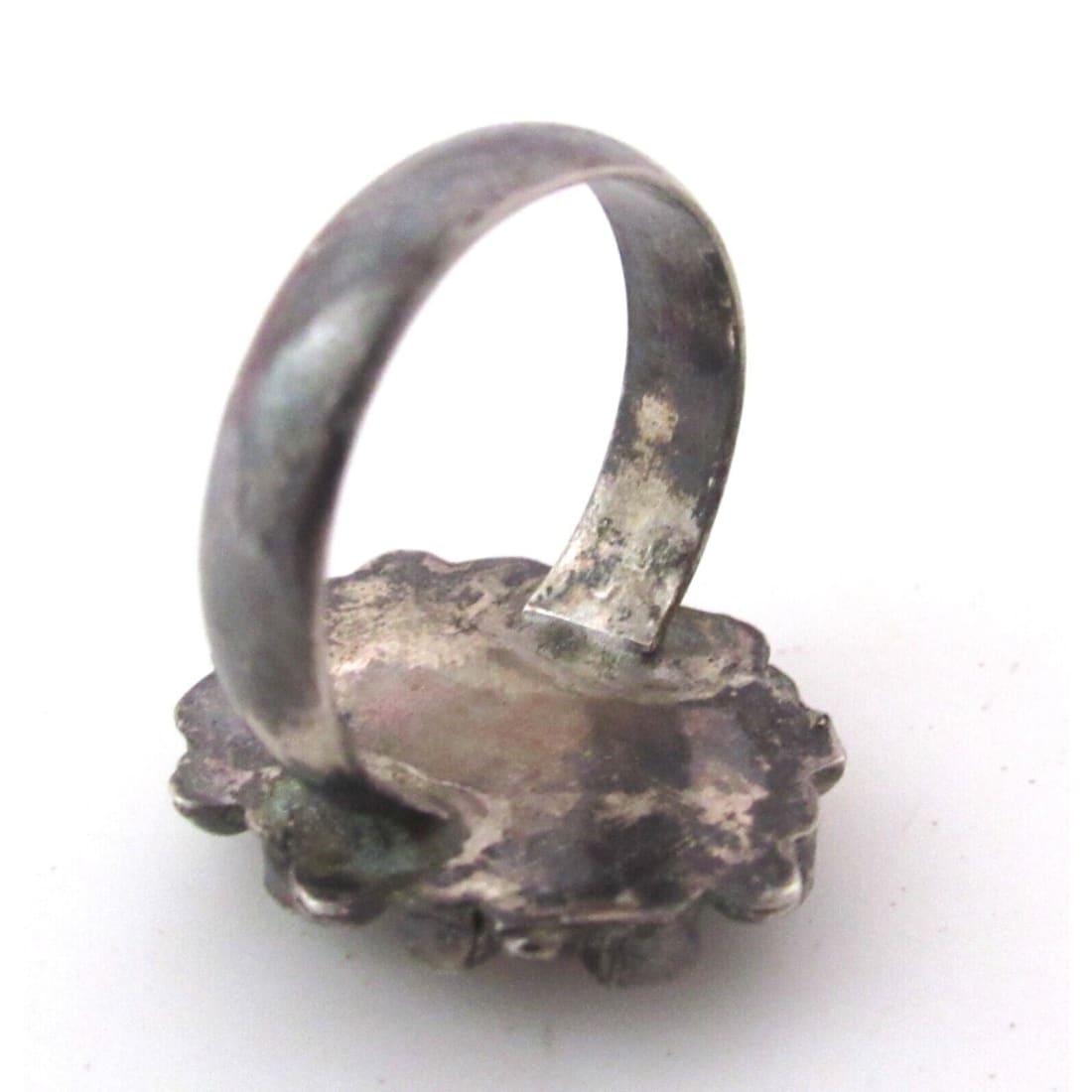 Old Pawn Zuni Snake Eye Turquoise Coral Sterling Silver Cluster Ring Size 6 Native American