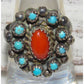 Old Pawn Zuni Snake Eye Turquoise Coral Sterling Silver Cluster Ring Size 6 Native American