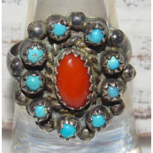 Old Pawn Zuni Snake Eye Turquoise Coral Sterling Silver Cluster Ring Size 6 Native American