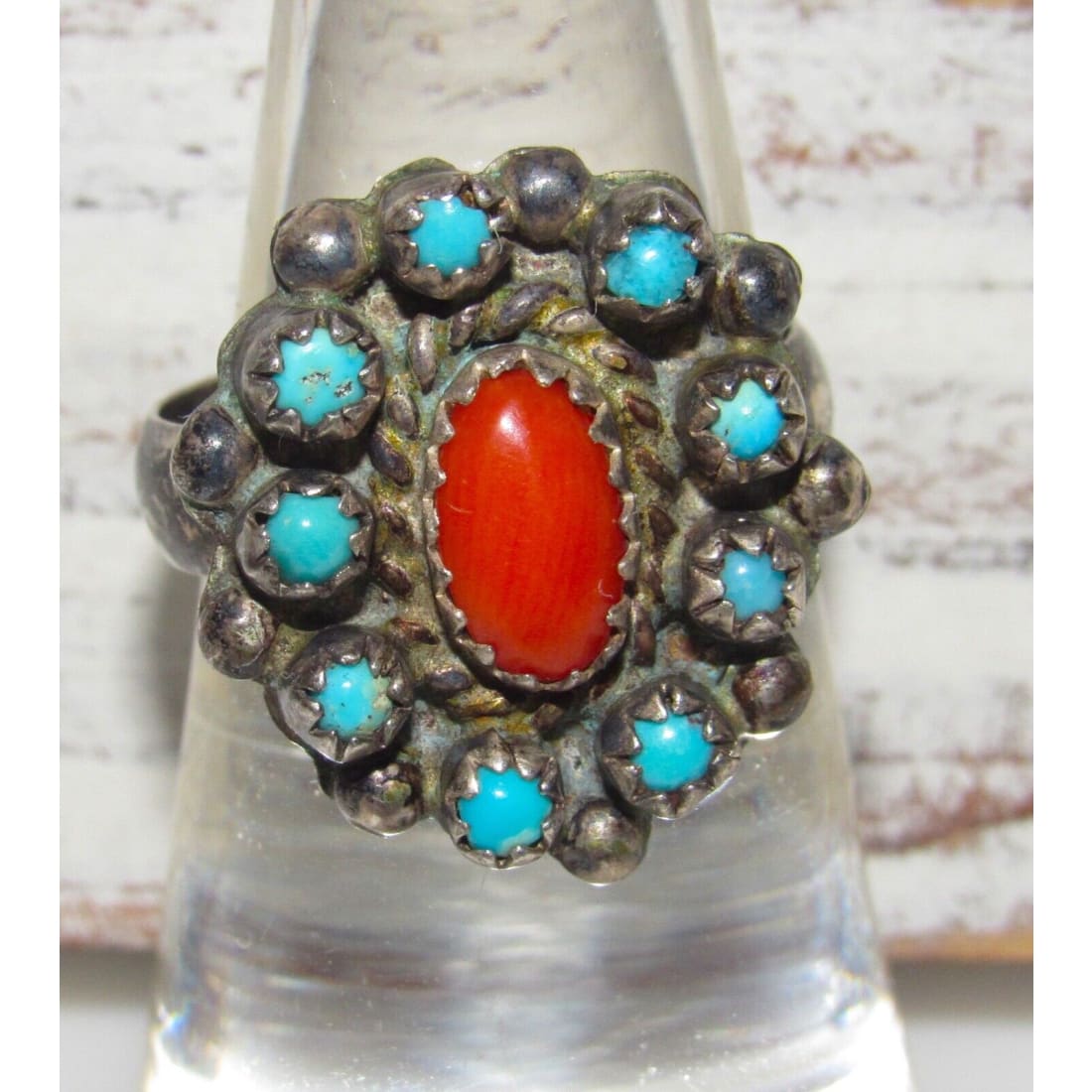 Old Pawn Zuni Snake Eye Turquoise Coral Sterling Silver Cluster Ring Size 6 Native American