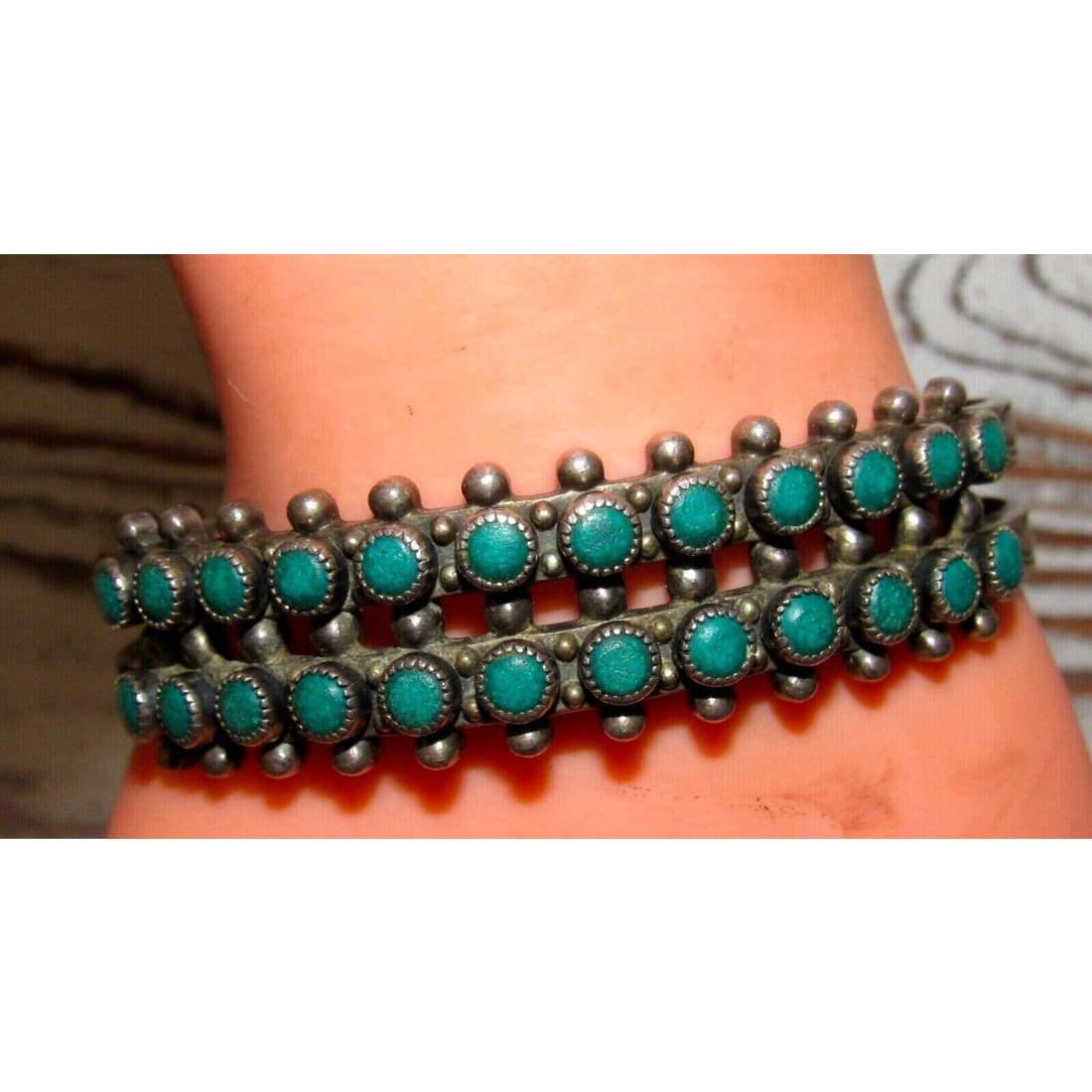 Old Pawn Zuni Snake Eye Turquoise Double Row Cuff Bracelet 