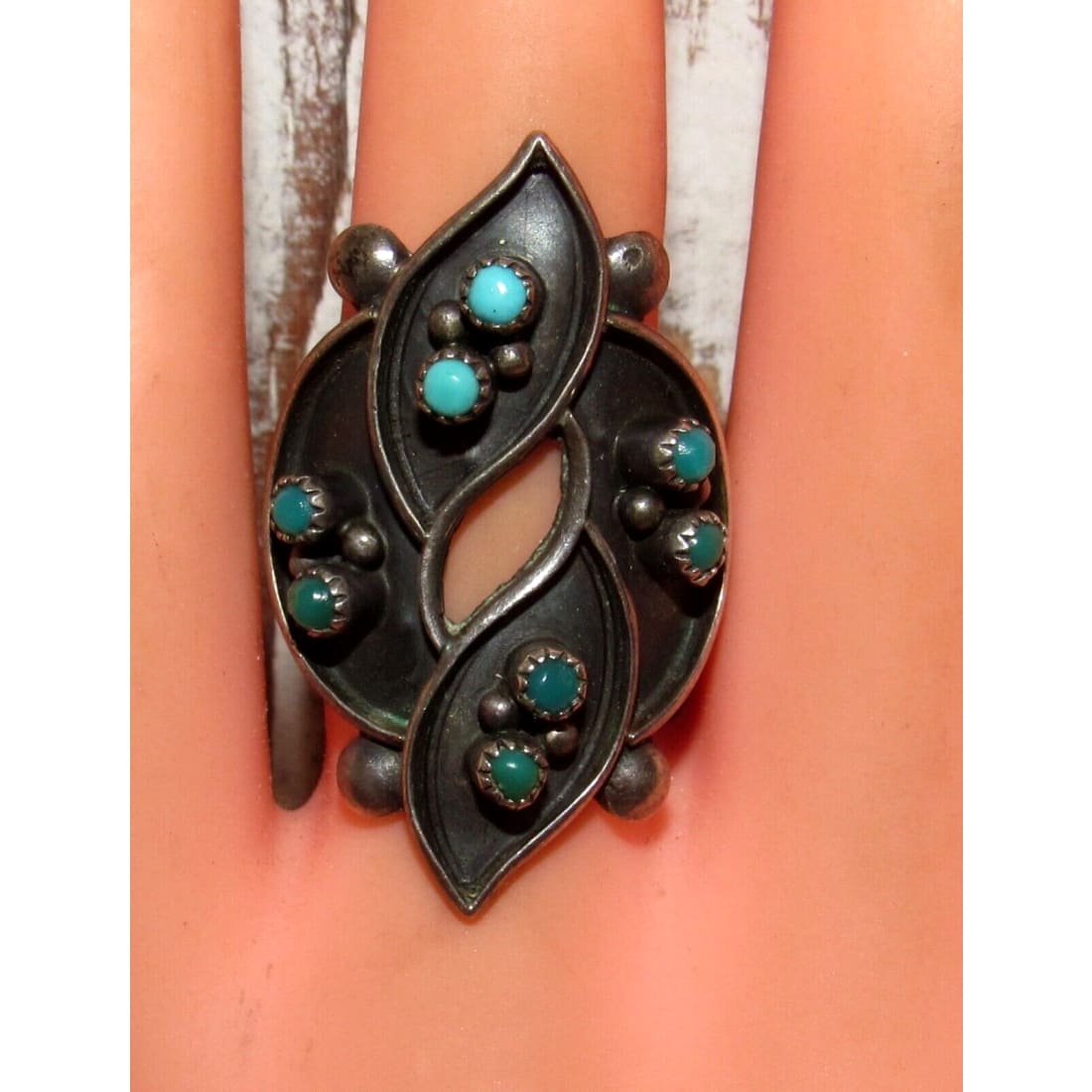Old Pawn Zuni Snake Eye Turquoise Sterling Silver Ring Size 
