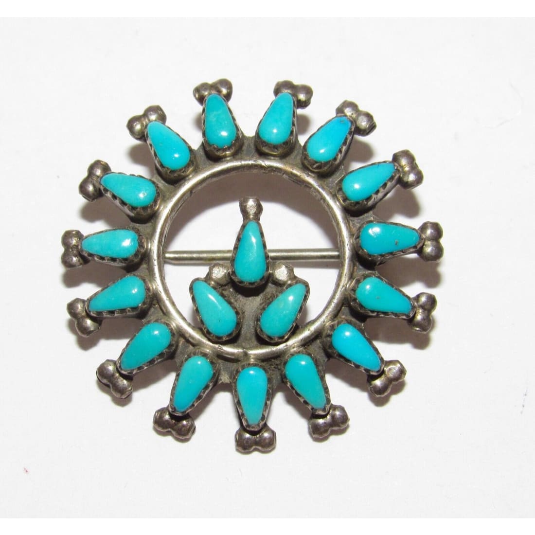Old Pawn Zuni Turquoise Cluster Pin Sterling Silver Brooch -