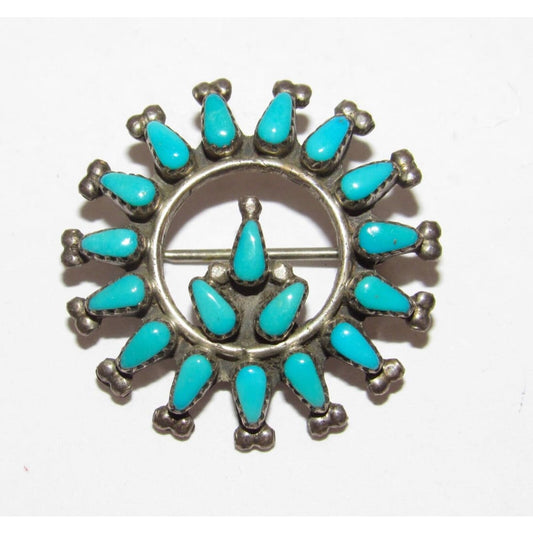 Old Pawn Zuni Turquoise Cluster Pin Sterling Silver Brooch -