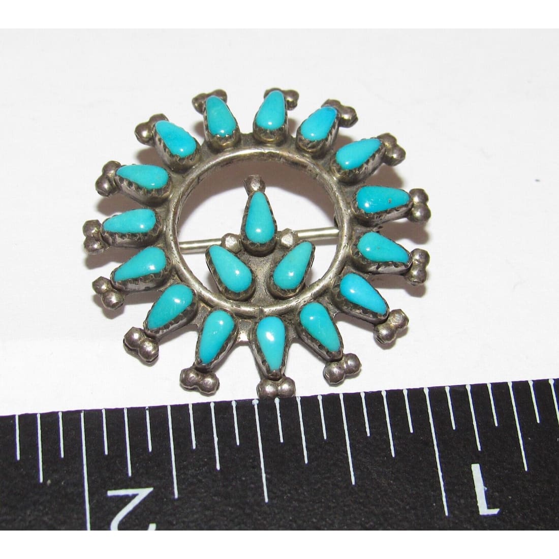 Old Pawn Zuni Turquoise Cluster Pin Sterling Silver Brooch -