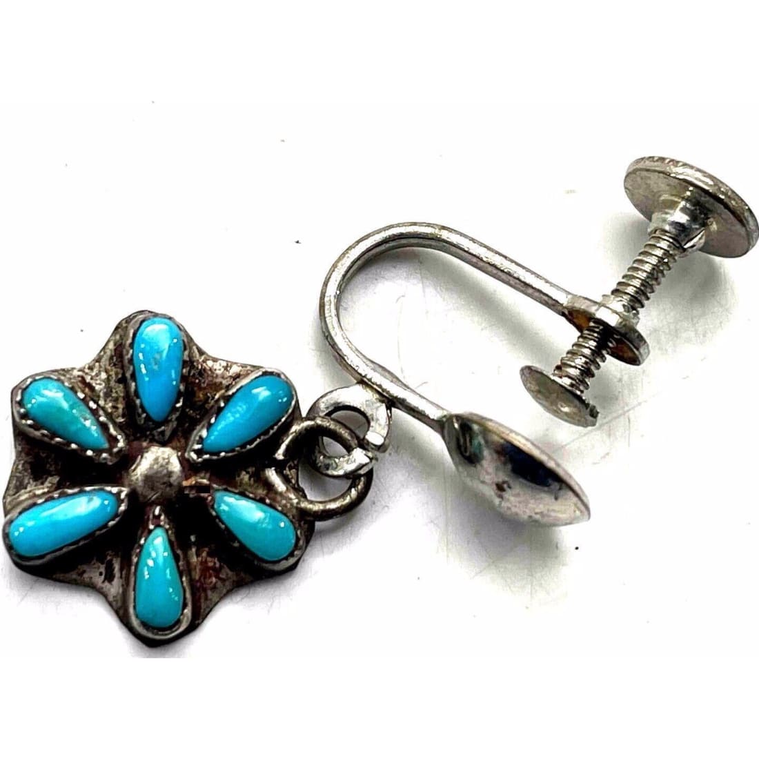 Old Pawn Zuni Turquoise Cluster Sterling Silver Screw Back Earrings Native American