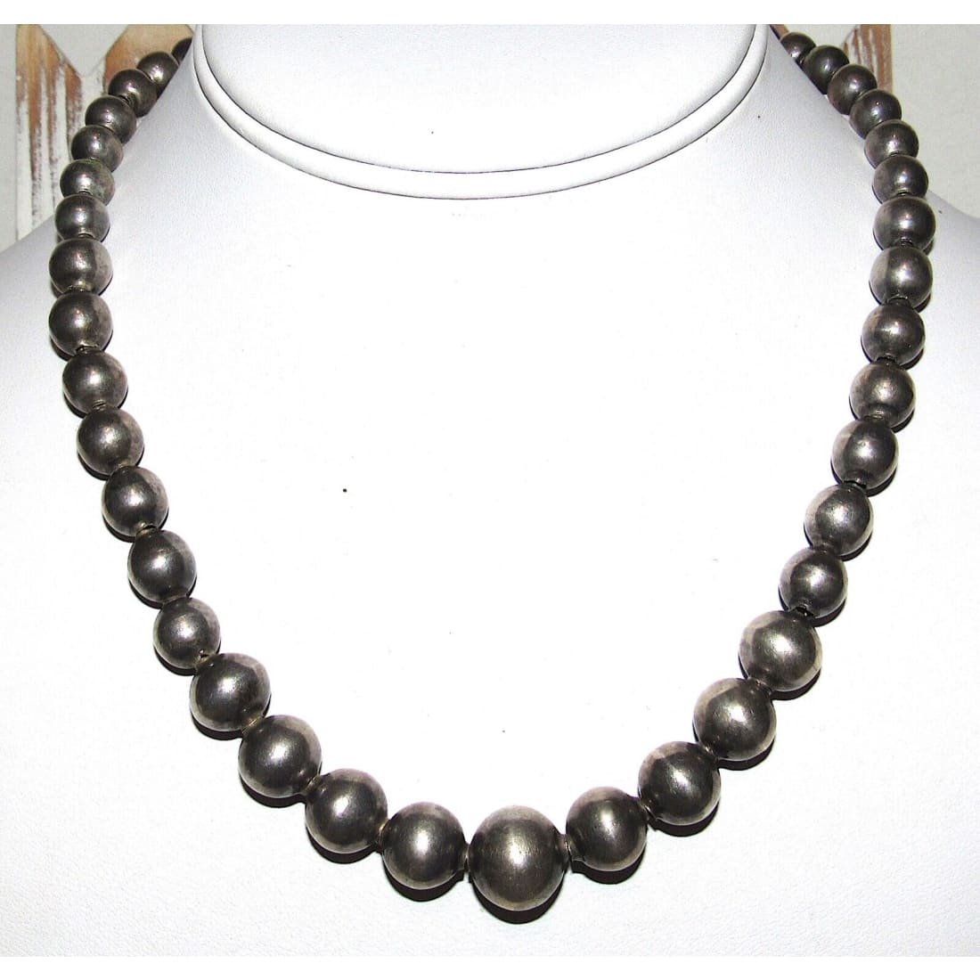 Early Pre-Eagle Mexican Sterling Silver Beads Necklace 18"L Taxco Taxco