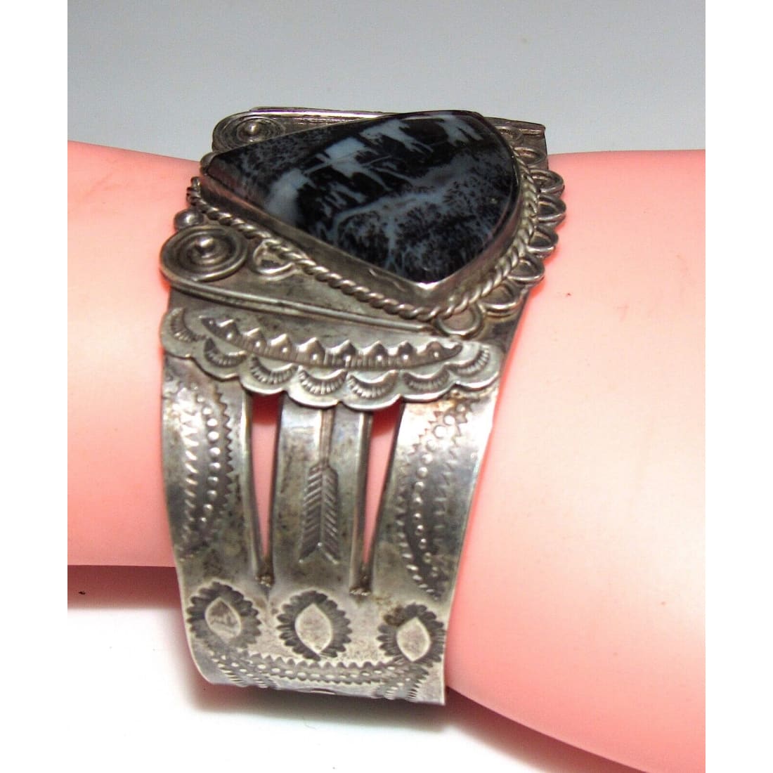 Rare Fred Harvey Era Petrified Wood Sterling Bracelet Navajo Large Cuff 53 Gr Fred Harvey Era