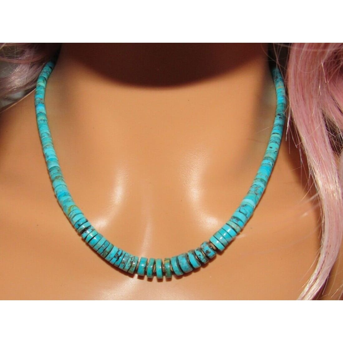 Santo Domingo Kingman Turquoise Heishi Necklace J. Calabaza