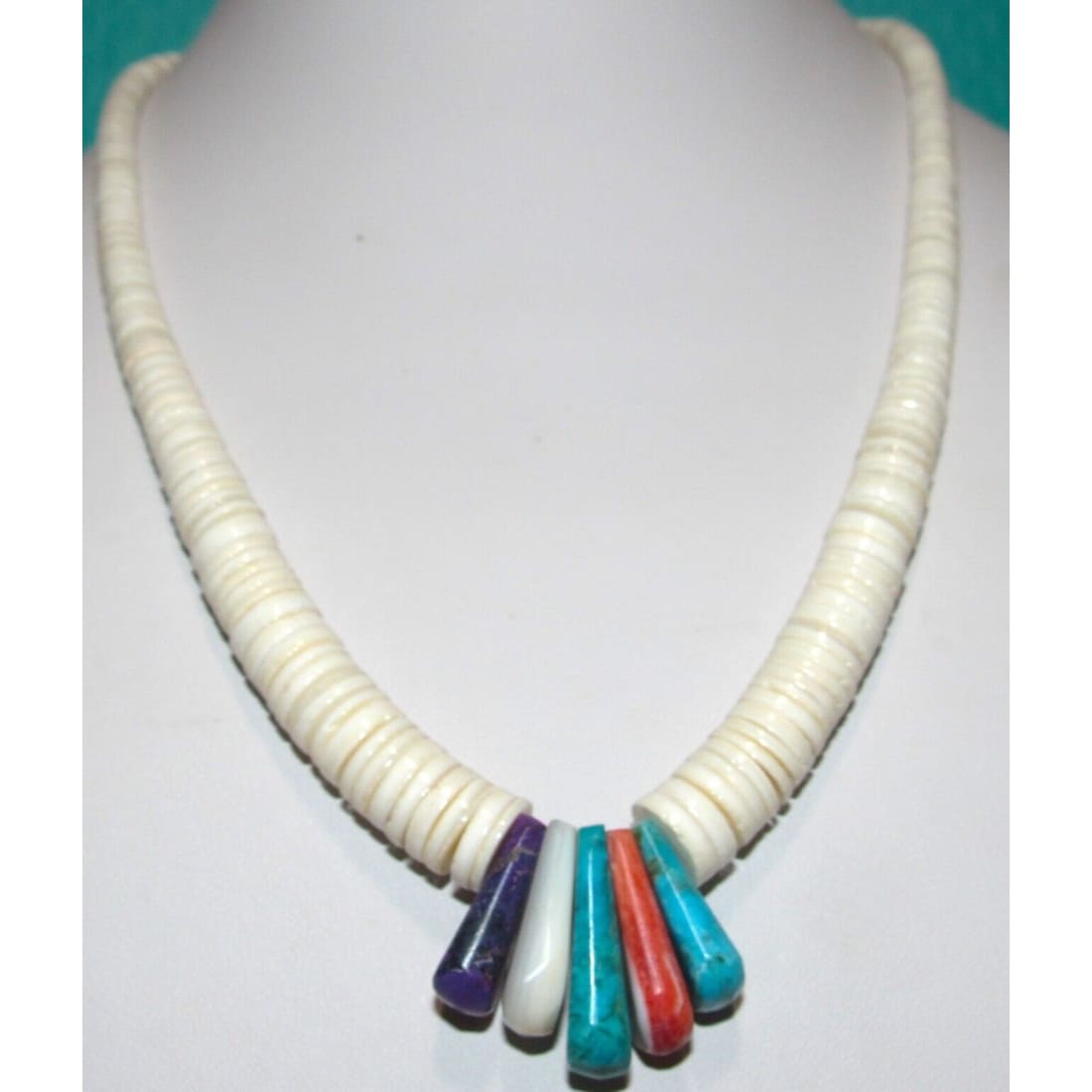 Santo Domingo Lupe Lovato Heishi Necklace White Shell Turquoise Spiny Oyster Native American