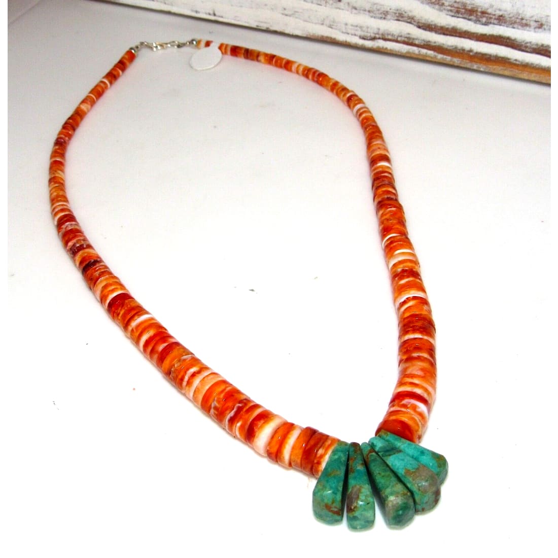 Santo Domingo Orange Spiny Royston Turquoise Heishi Necklace
