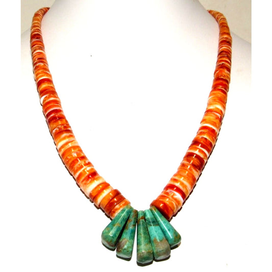 Santo Domingo Orange Spiny Royston Turquoise Heishi Necklace