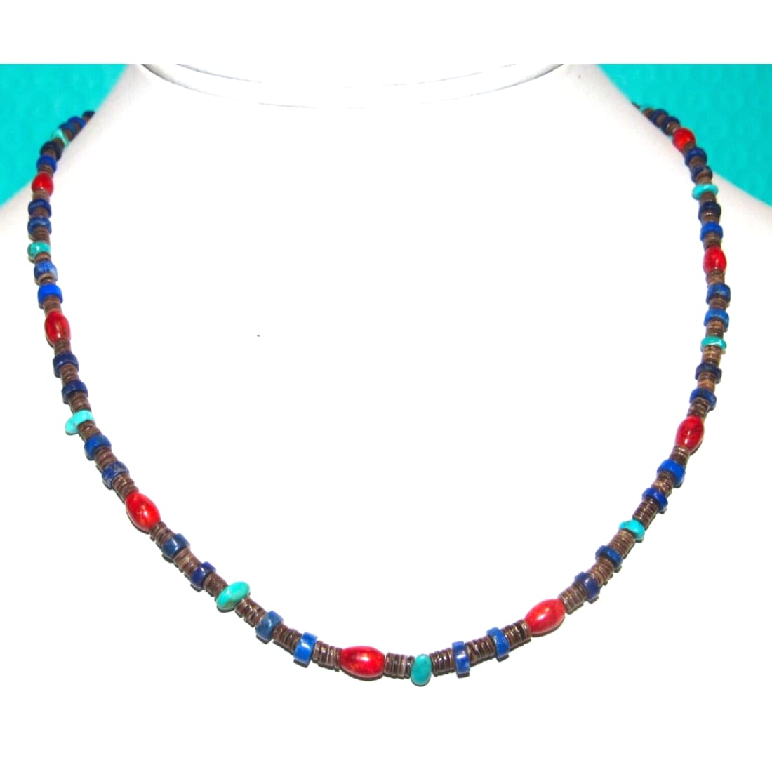Santo Domingo Rolled Shell Coral Lapis Turquoise Heishi Necklace M. Corriz Native American