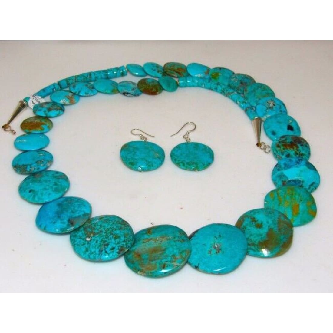 Santo Domingo Royston Turquoise Disc Necklace Earrings Set JoAnn Garcia Kew 30"L Native American
